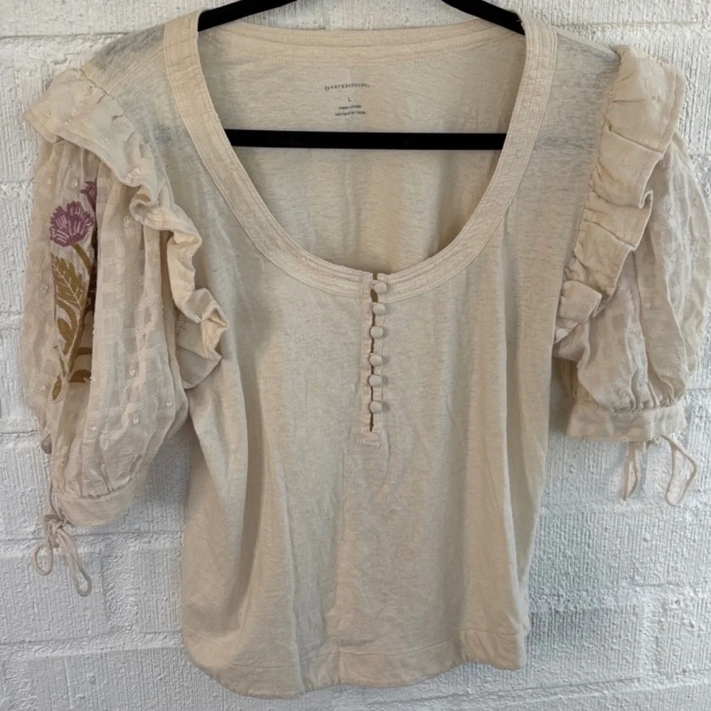 Anthropologie Cream Blouse with Embroidered Sleeves